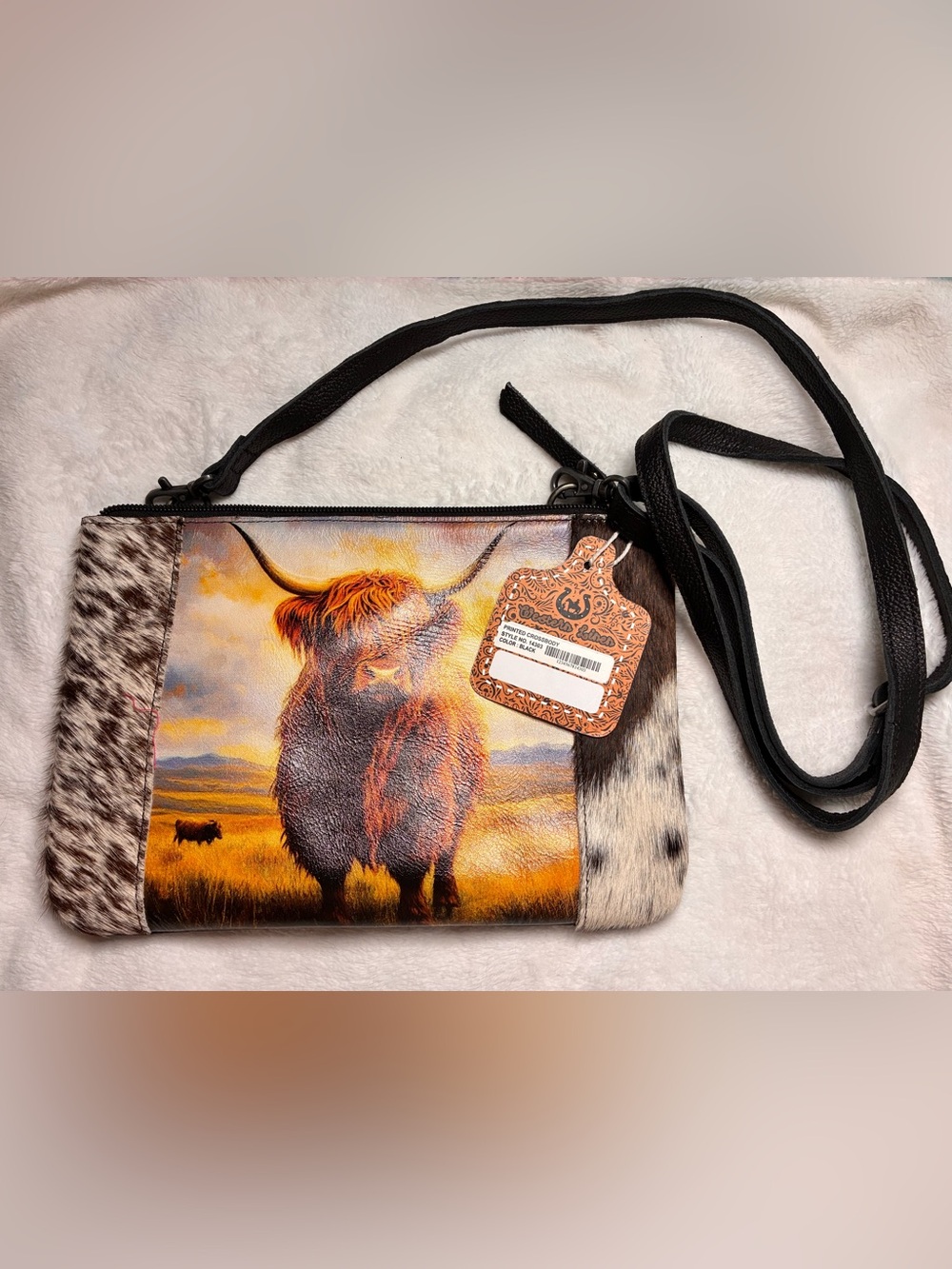 Highland Cow Print Crossbody Bag with Faux Fur Trim